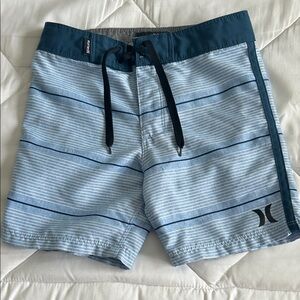 Hurley Light Blue Striped Kids Swim Trunks with Navy Details
